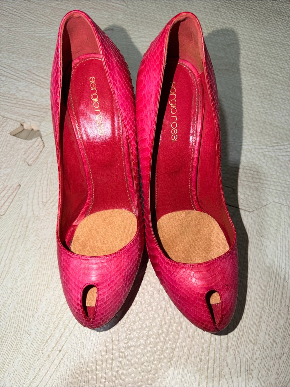 Sergio Rossi Hot Pink Peep-Toe Snakeskin Pumps
